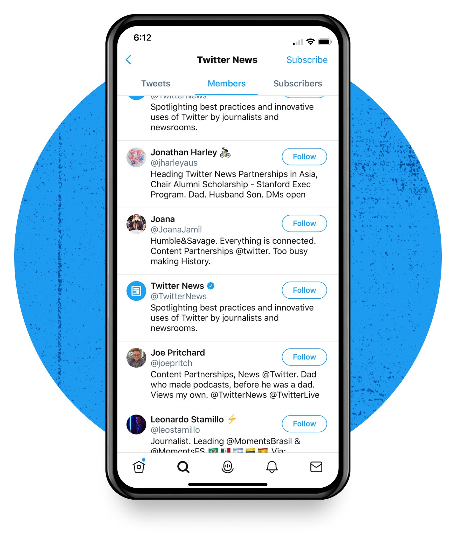 Twitter product UI on a blue background.