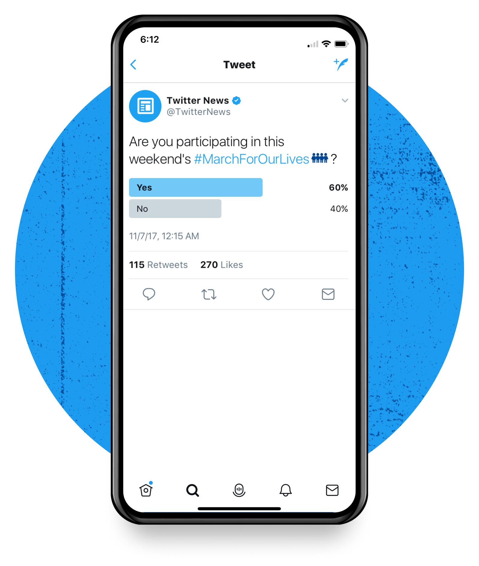Twitter product UI on a blue background.