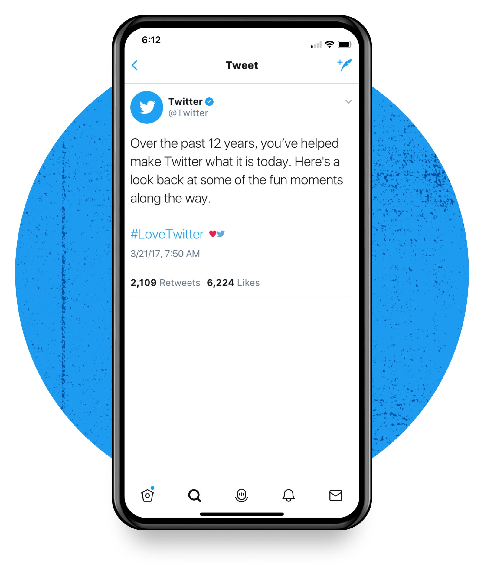 Twitter product UI on a blue background.