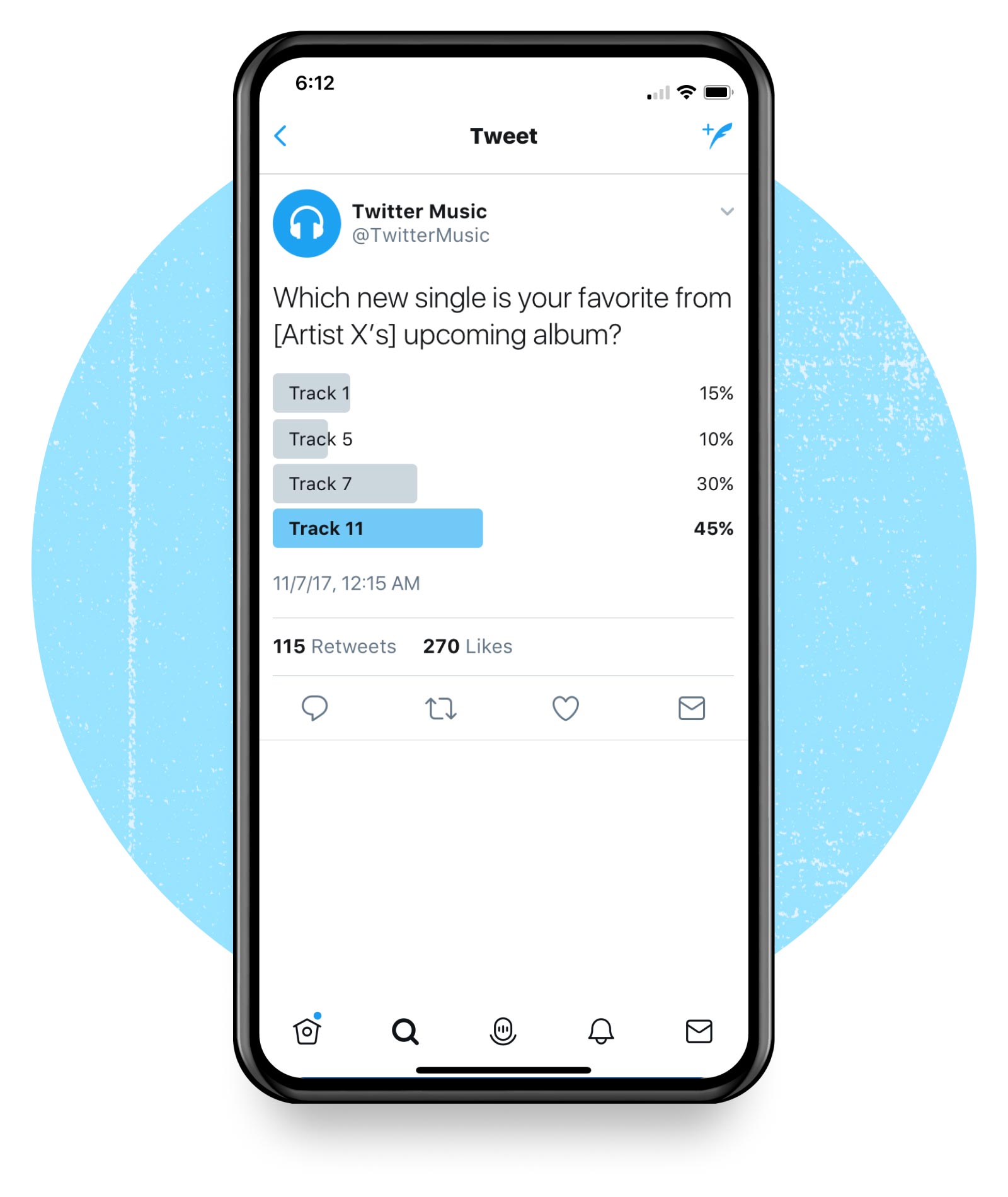 Twitter product UI on a blue background.