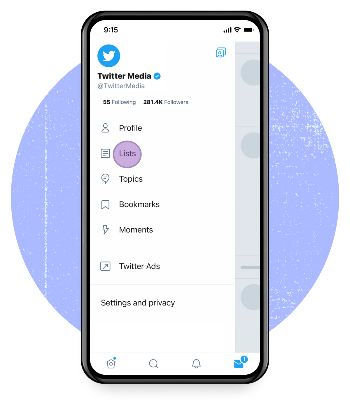 Captura de pantalla del producto de Twitter en un dispositivo móvil con un fondo morado.