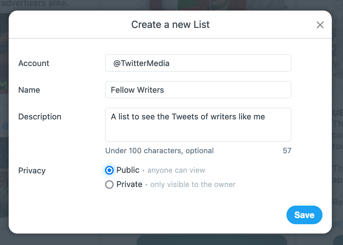 TweetDeck product screenshot showing how to create a list.