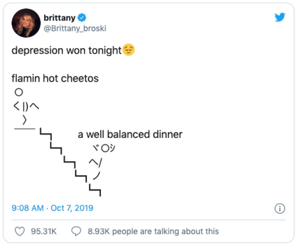 Screenshot of Brittany Tomlinson's Tweet that reads "depression won tonight *sad emoji* flamin hot cheetos a well balanced dinner""