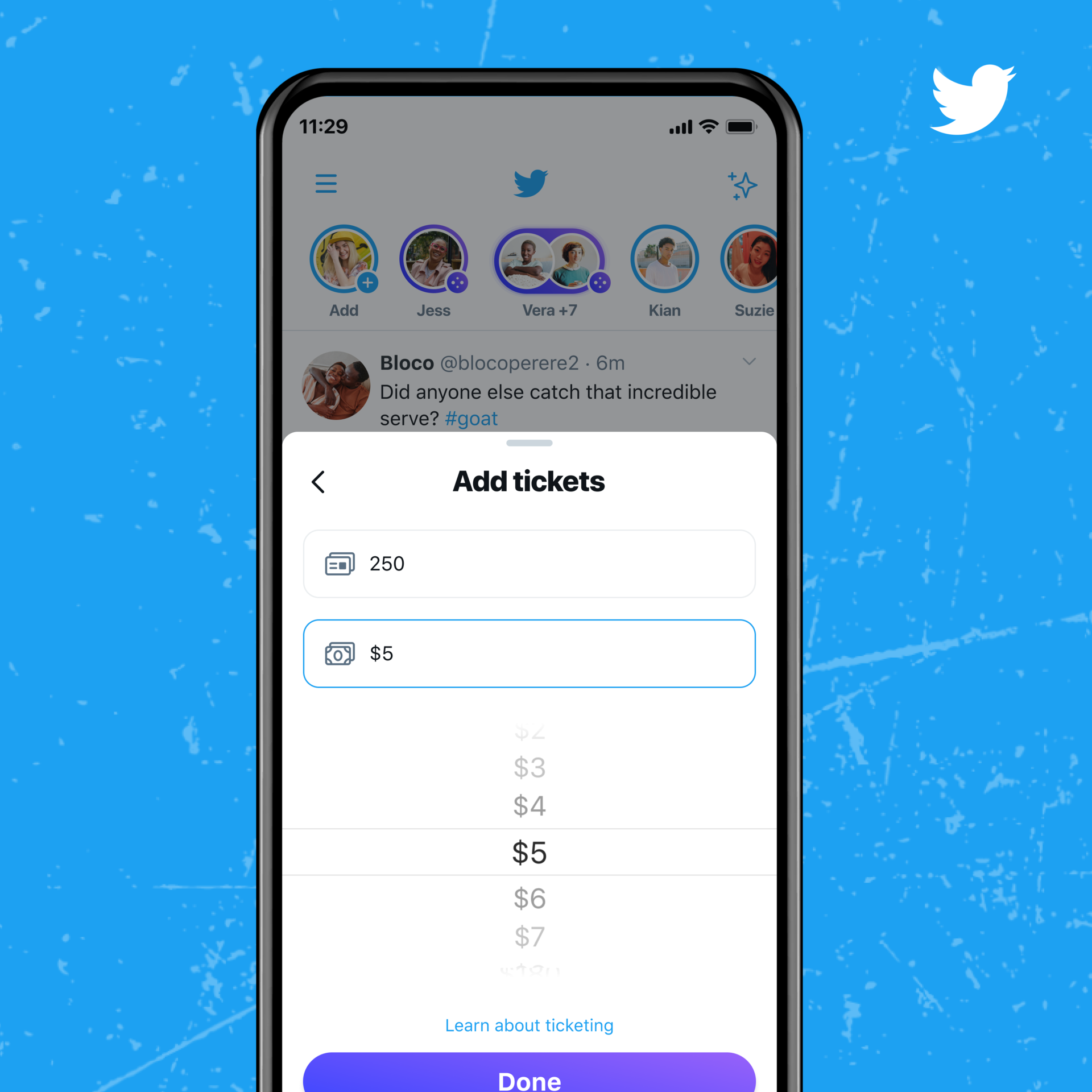 Super Follows tickets product UI on a blue background.