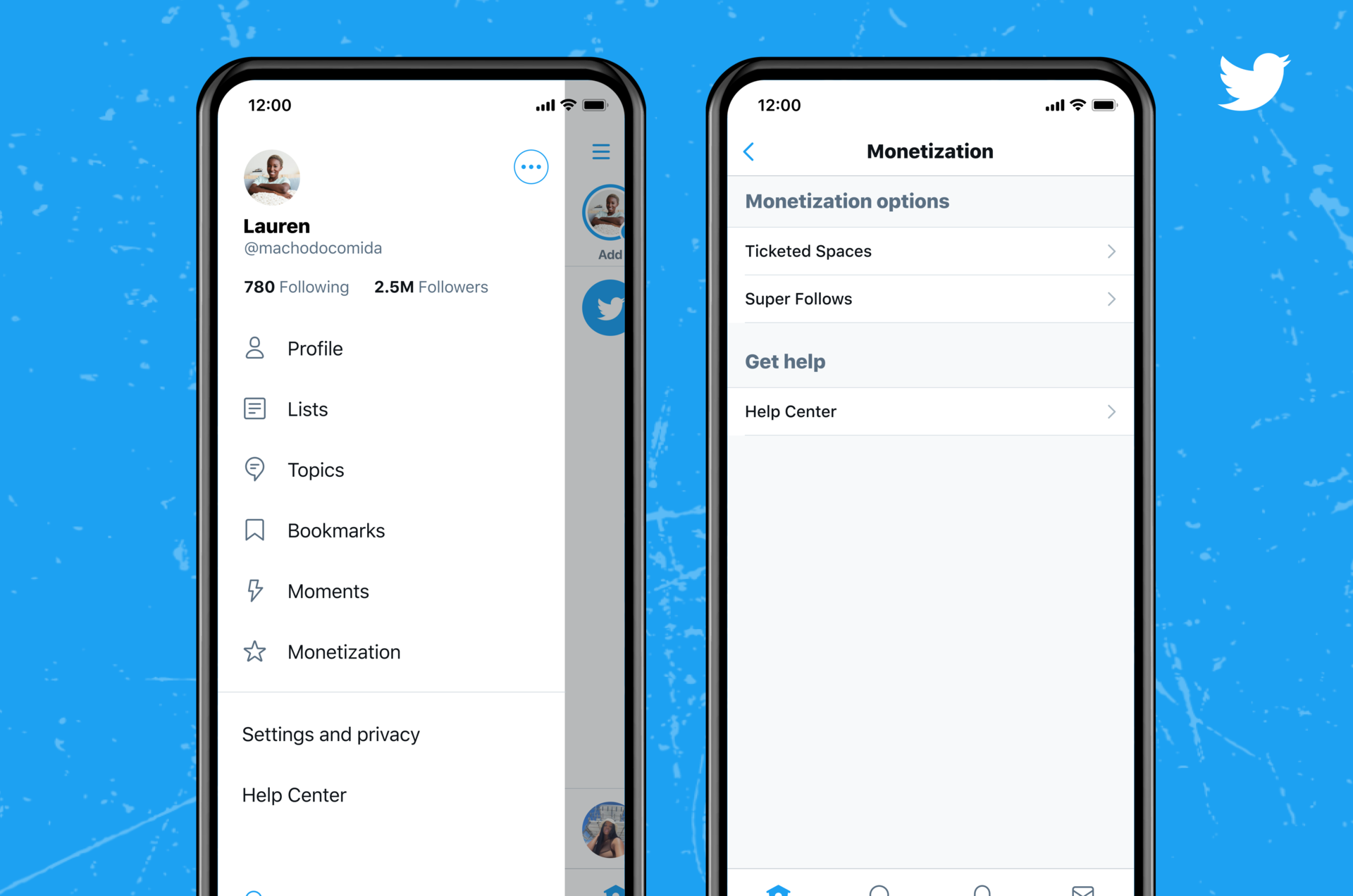 Super Follows test features UI on a blue background.