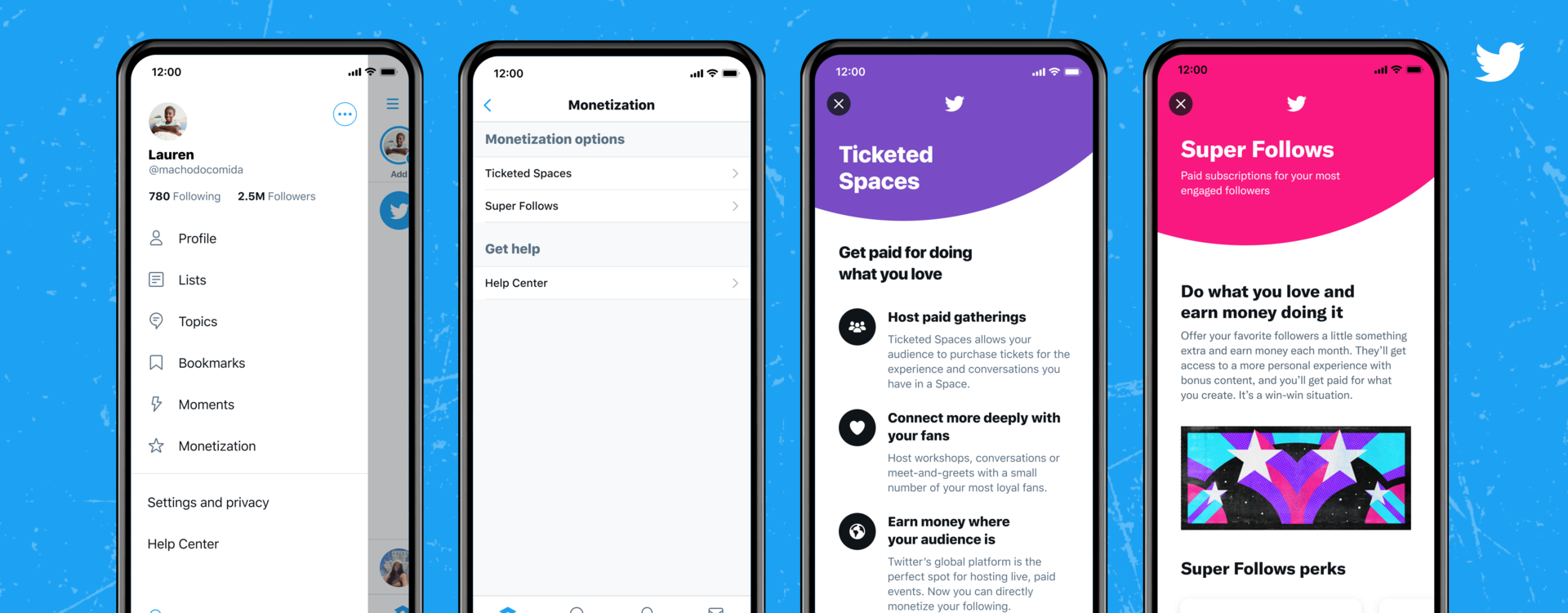 Four product screenshots of Ticketed Spaces and Super Follows