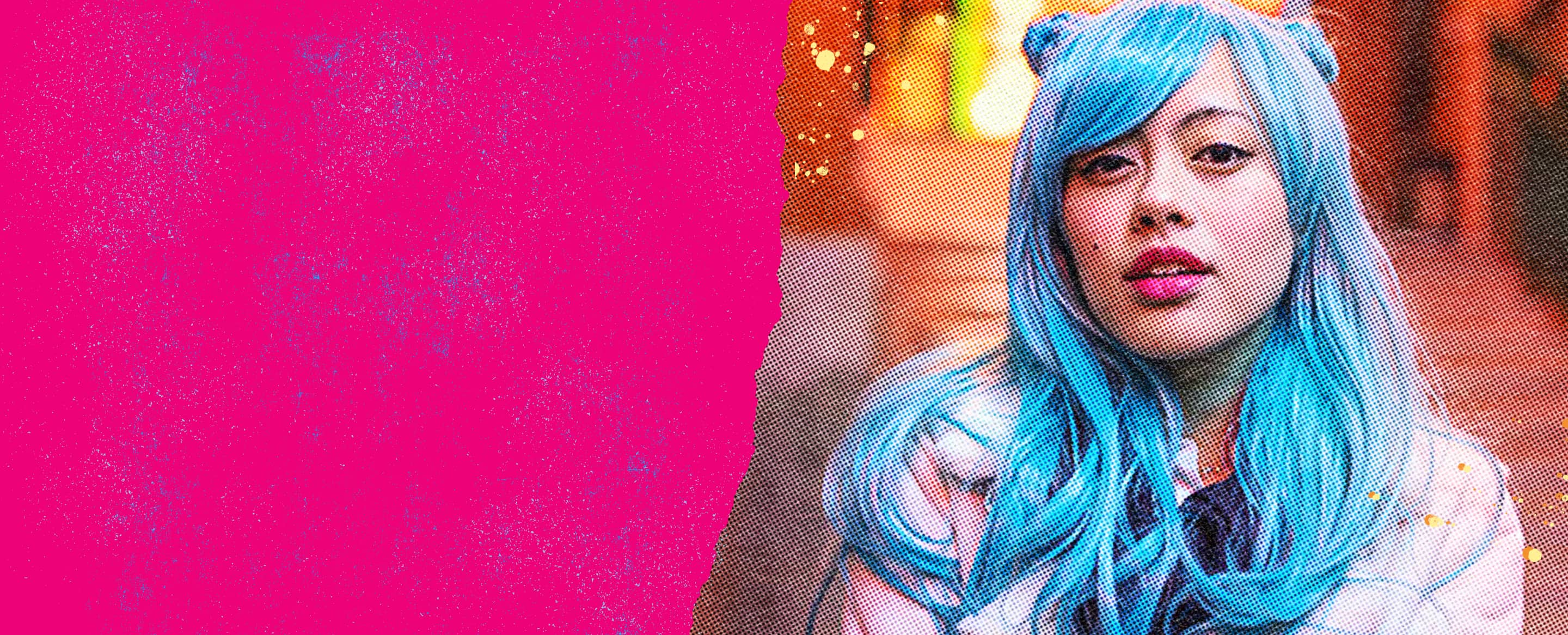 Photo of a person with long blue hair