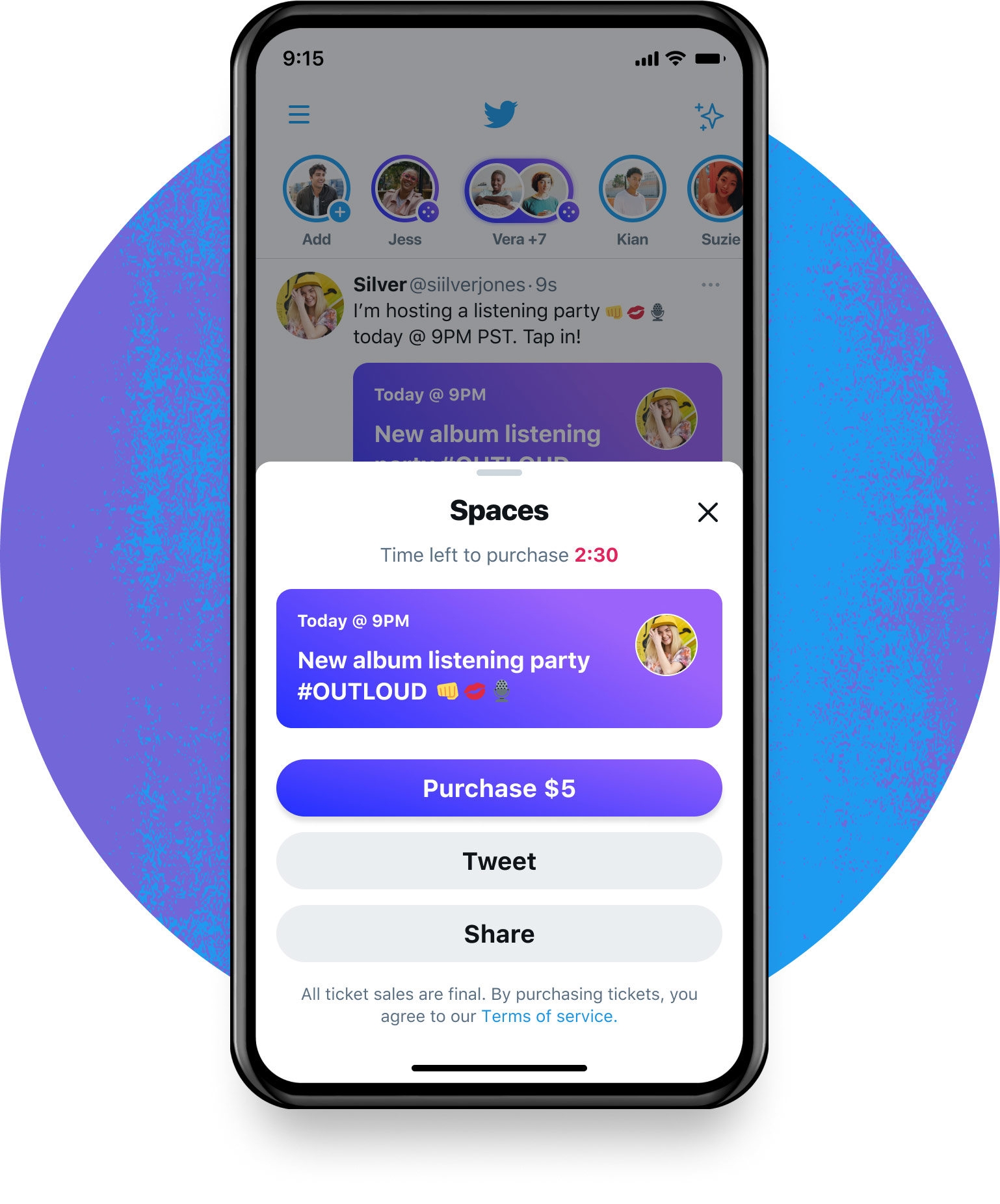 Twitter ticketed spaces promote an event screen on phone